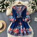 European and american retro chic v-neck lantern sleeve tie-waist slimming a-line midi fashion print dress