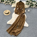 Light mature style wear women's summer wear sense of design drawstring straps waist long sleevesshirt high waist wide leg straight-leg pants suit