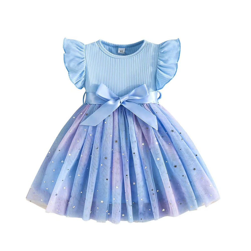 Children's clothingfashionsweet girl flying sleeves bows mesh summerdressfashion