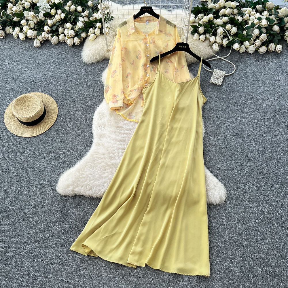 Beach vacation style solid color slim-fit cami dress + floral lightweight long-sleeve sun protection cardigan top set for women - summer