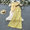 Beach vacation style solid color slim-fit cami dress + floral lightweight long-sleeve sun protection cardigan top set for women - summer