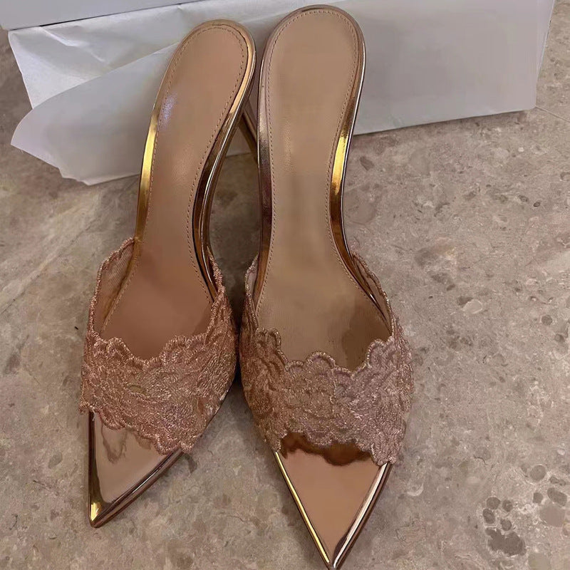 Pointed-toe stiletto heels for women - new spring 2025 collection - embroidered single shoes, champagne gold embroidered high heel sandals