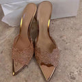 Pointed-toe stiletto heels for women - new spring 2025 collection - embroidered single shoes, champagne gold embroidered high heel sandals