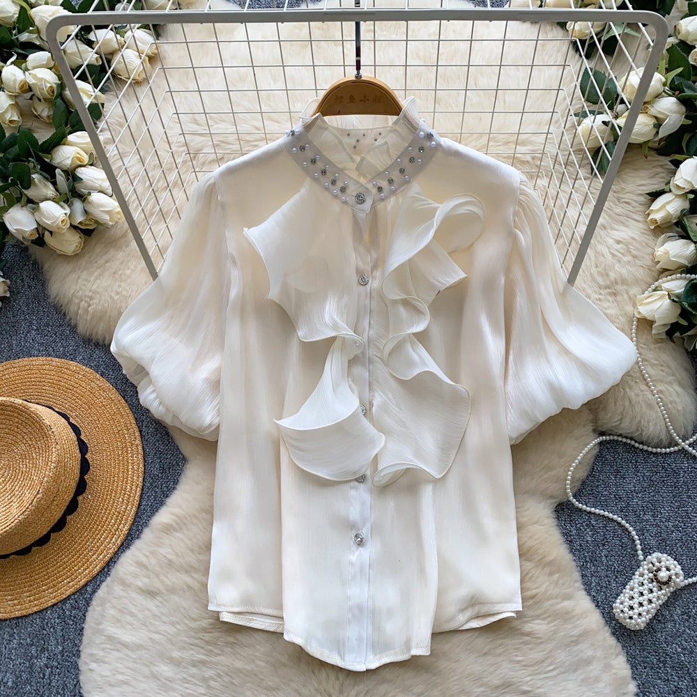 French-style diamond-embellished ruffle trim short-sleeve blouse - women's summer loose fit versatile designer top with a touch of luxury