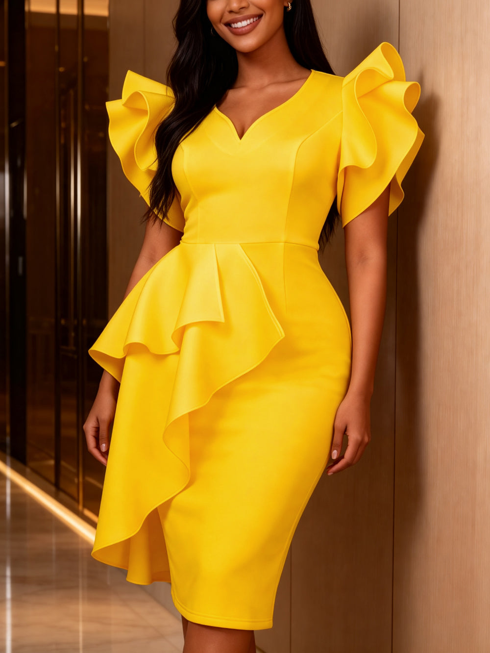 women's sexy v-neck high-waisted bodycon mini dress - commute-ready white ruffle hem party dress