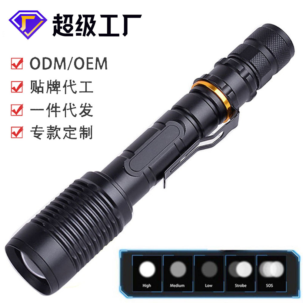 Cross-border   Classic Rattlesnake 10W strong light flashlight shrink zoom with pen holder