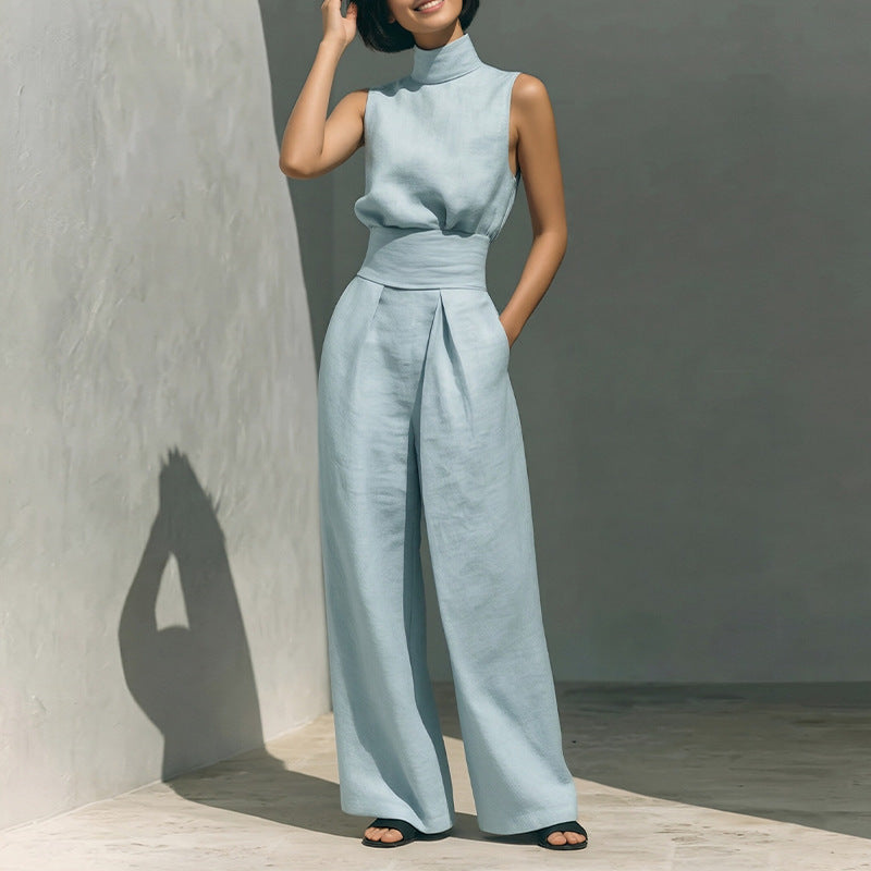 cross-border e-commerce european and american women's clothing: new summer fashion cotton linen sleeveless turtleneck long pants casual set for women