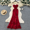Red evening gown - women's french chic, luxurious, elegant, heavily embroidered, slimming, figure-flattering, suspender, bodycon dress