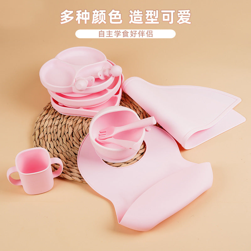 Children's silicone tableware set, complementary food bowl, baby learning to eat, fork, spoon, saliva pocket, strong suction, anti-drop tableware set