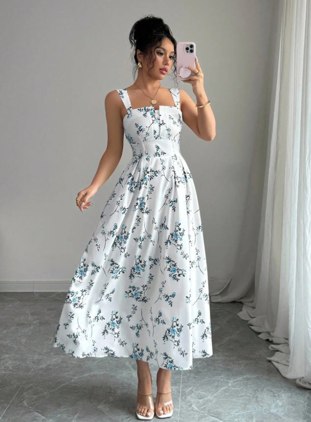 autumn european and american  cross-border e-commerce new solid color sleeveless square neck printed backless slit dress