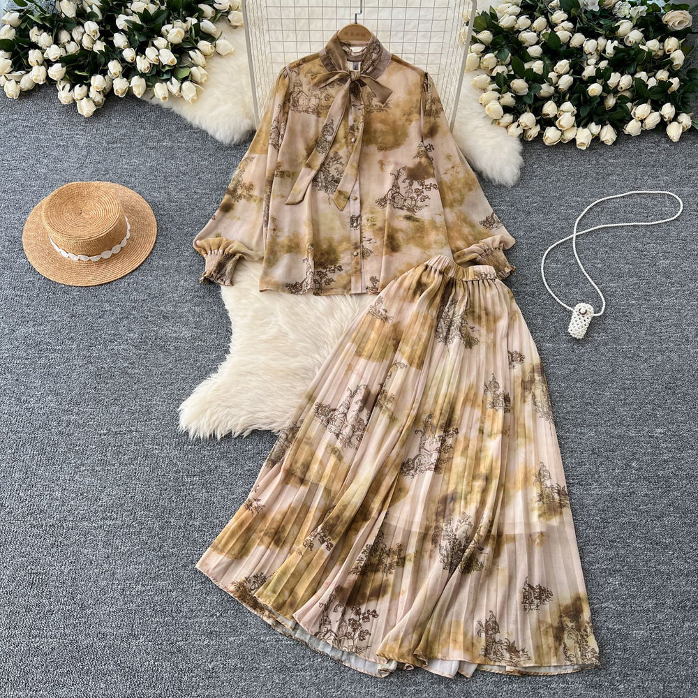 Gentle wind two-piece set women's frenchclassy sense bowstie back lantern sleeve printingshirt drape skirt