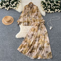 Gentle wind two-piece set women's frenchclassy sense bowstie back lantern sleeve printingshirt drape skirt