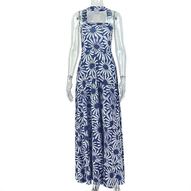 European and american style ins cross-border outdoor elegant women's tube top one-line collar slim a-line skirt printed casual long dress