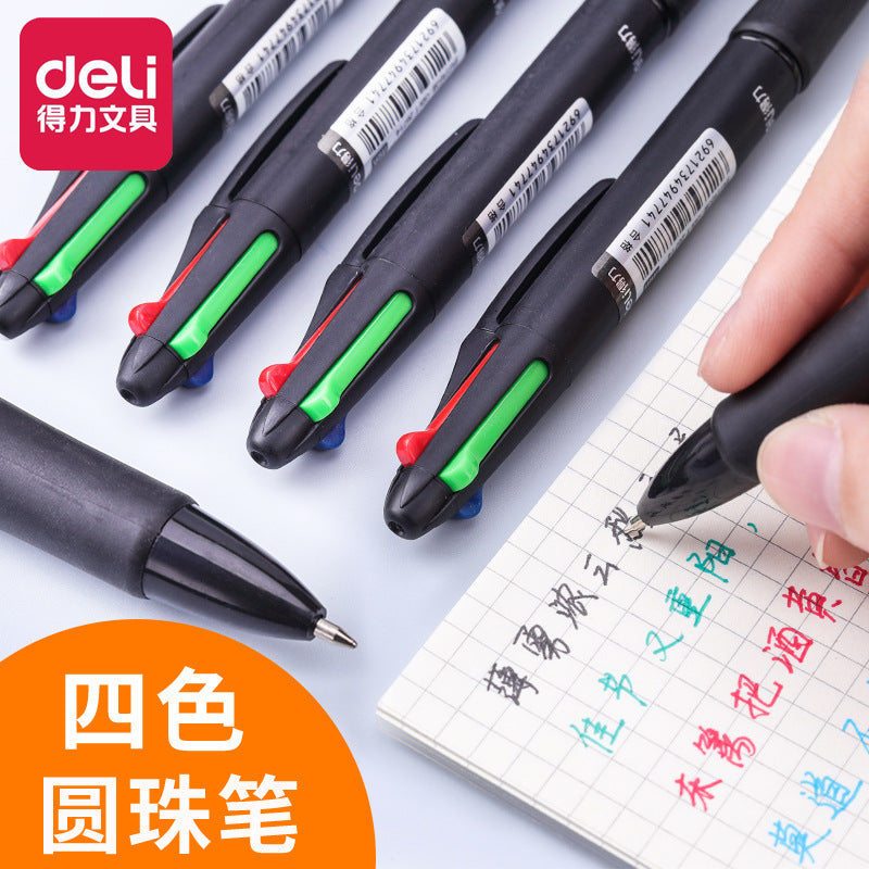 Deli 33390 ballpoint pen four-color press-action ballpoint pen black, red, blue and green core student marker writing pen wholesale