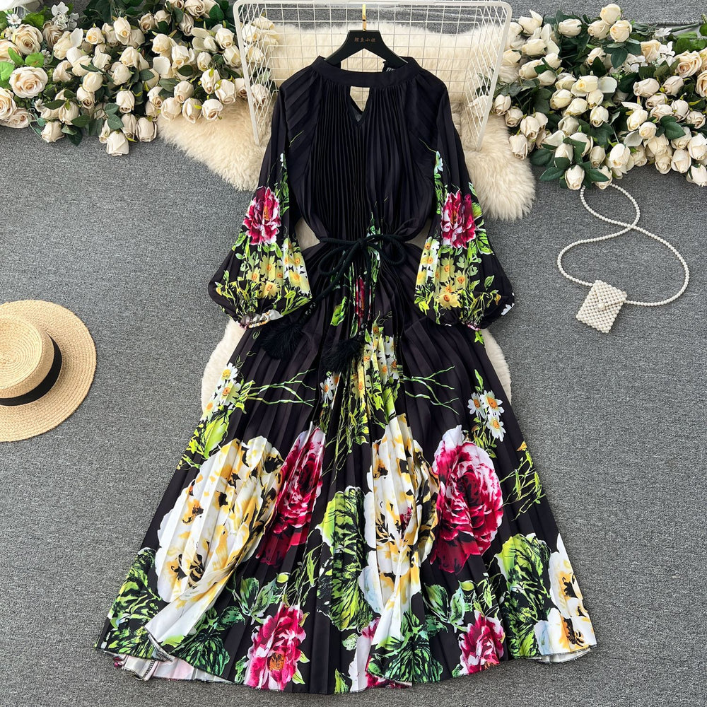 Elegant and chic printed dress for women - summer bubble sleeve tie-waist design, unique and flowy fairy dress