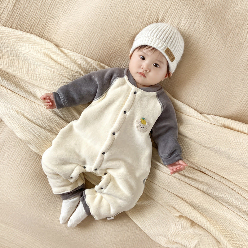 Newborn outing clothes baby winterthickened onesie baby heattechlong sleeves haki infant fleece-lined rompers
