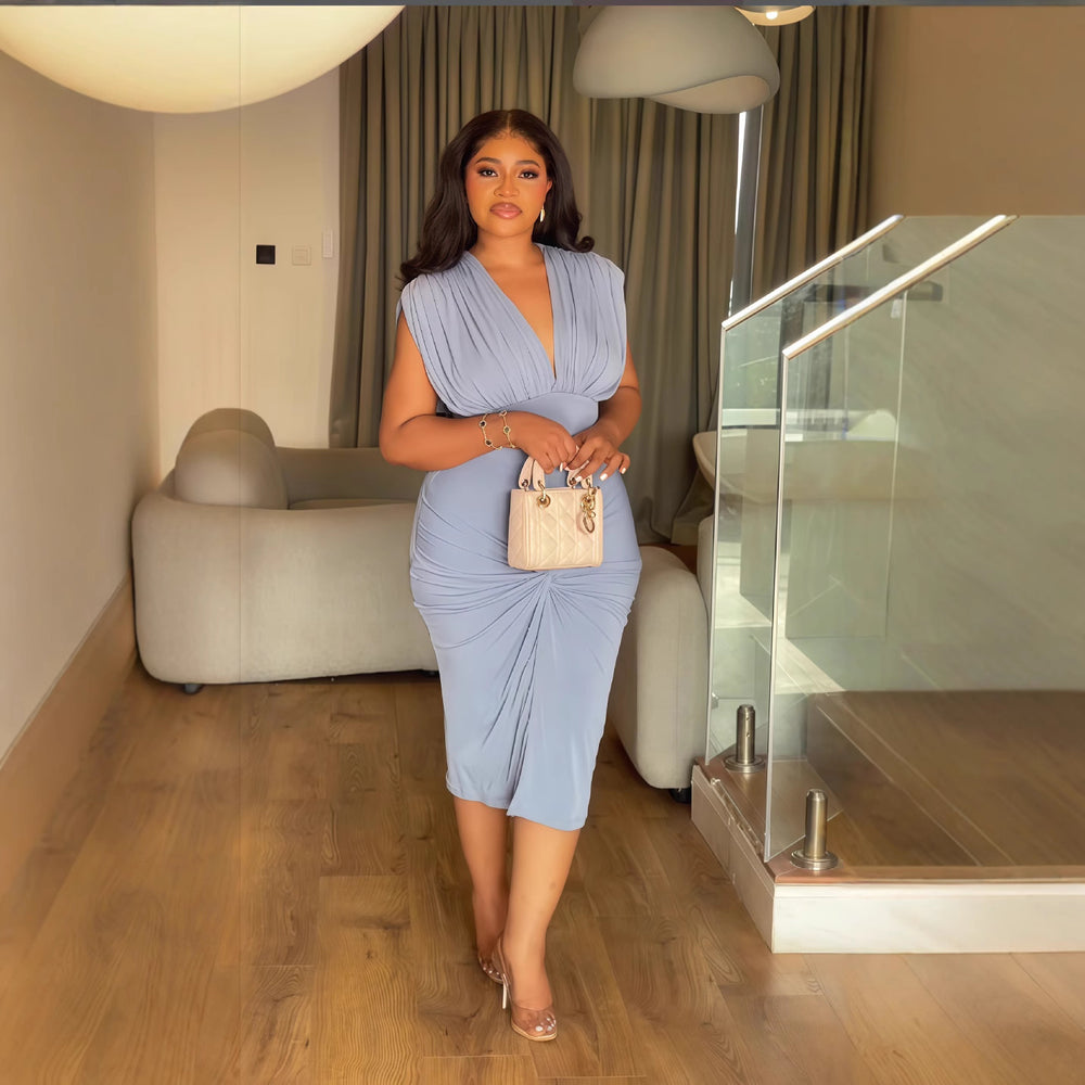 European and american cross-border women's fashion:  spring new arrival - solid color sleeveless ruched v-neck top & sexy bodycon two-piece set