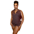 European and american style women's clothing  autumn new collection: sweet and fresh plaid turn-down collar sleeveless blouse with high-waisted straight-leg shorts two-piece set