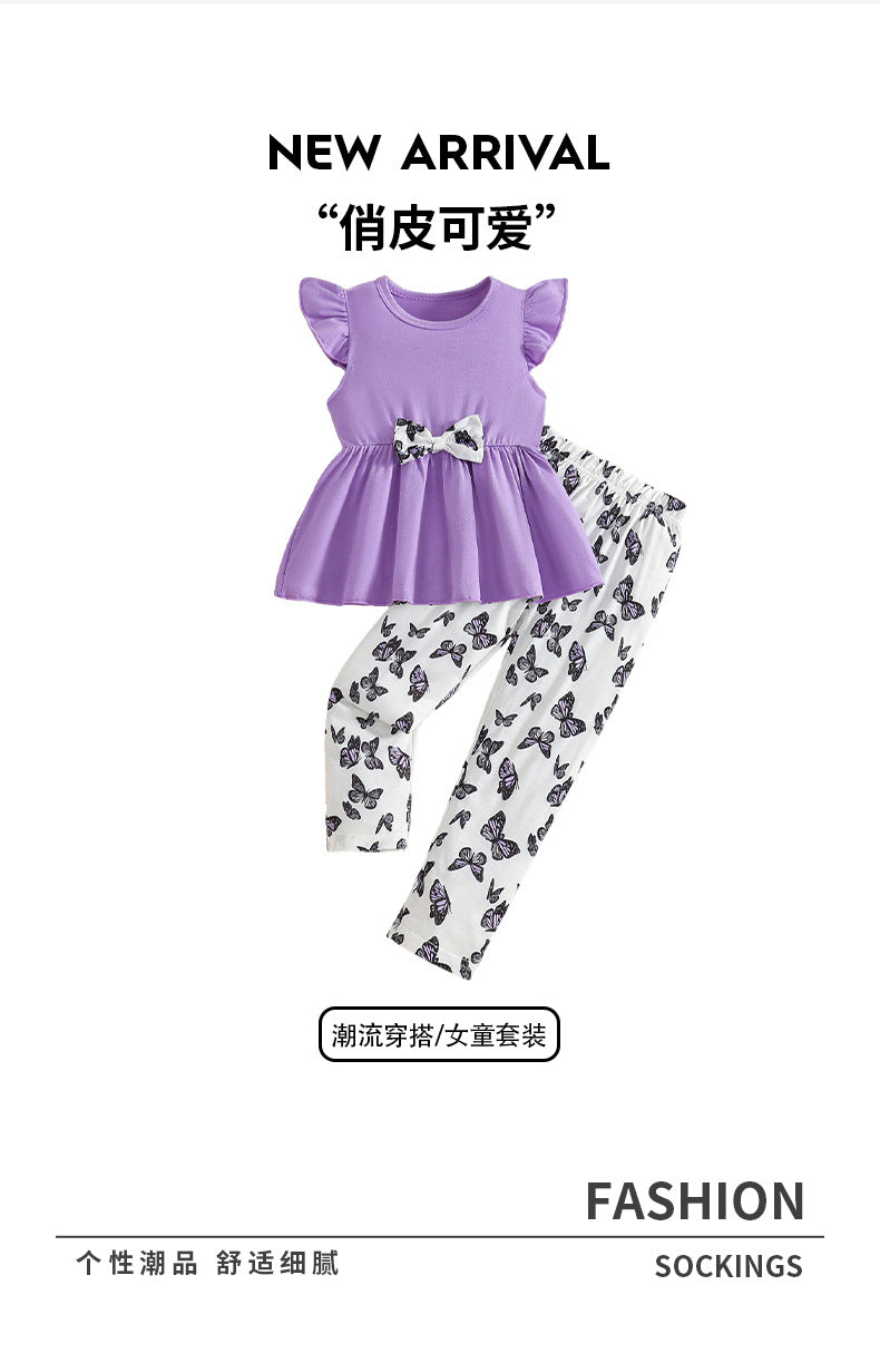 Girls' summer outfit set: purple flutter sleeve top with lace hem and butterfly print pants - two-piece set for kids