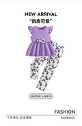 Girls' summer outfit set: purple flutter sleeve top with lace hem and butterfly print pants - two-piece set for kids