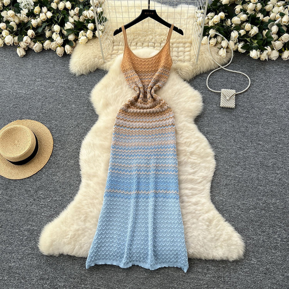 Sling knittingdress women's  summer korean chic retro gradient color wave pattern silm hip covering long skirt