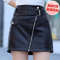 spring/autumn solid color diagonal zipper slimming pu midi skirt - high waist bodycon leather skirt