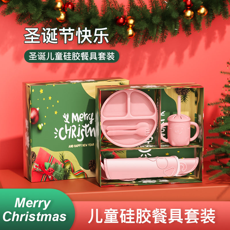 Customized Christmas tableware set, Christmas children's gifts, special silicone dinner plate for infants, complementary food bowl, learning drink cup