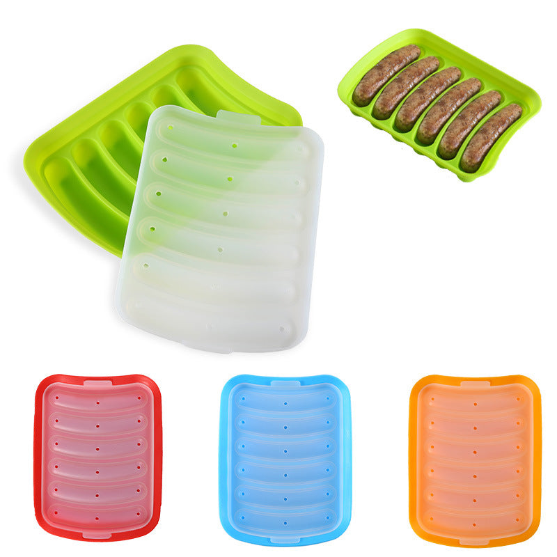 Large 6-piece silicone sausage mold with lid, ham sausage box, hot dog mold, crisper box, diy baking sausage box shape