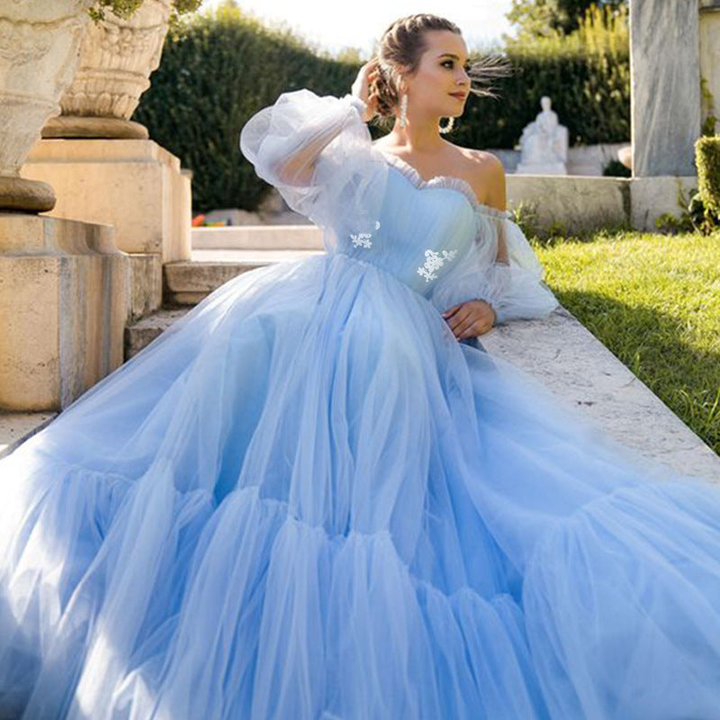 2025 new european and american style women's fashion wish one-shoulder mesh long wedding dress gown with full skirt