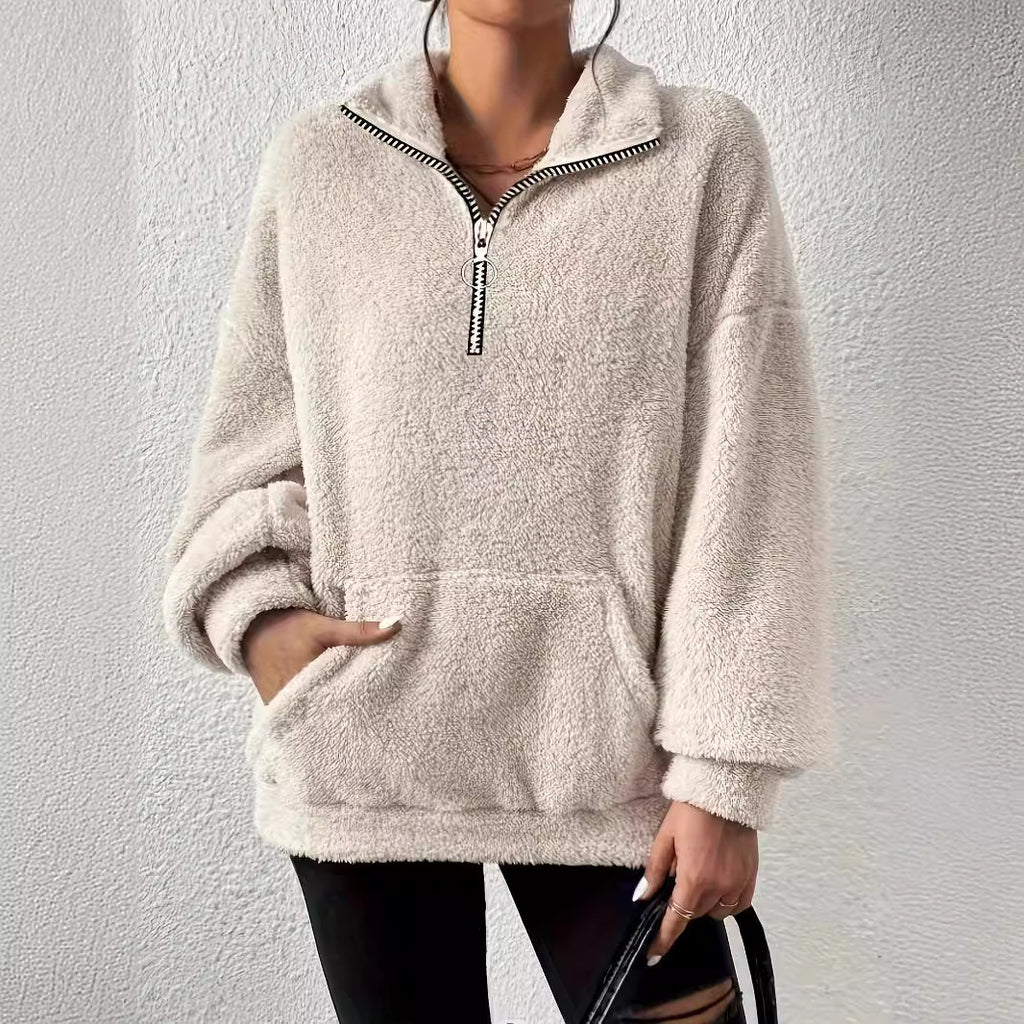 new product 2025 European and American  leisure autumn and winter Mao Mao zipper women's stand-up collar pocket sweater women's clothing