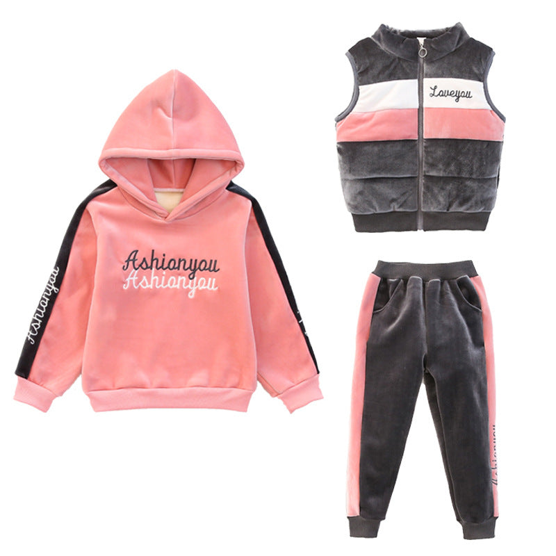 Girls' winter sweatshirt and pants set -  autumn/winter collection - new thickened three-piece outfit for older girls and children (includes vest)