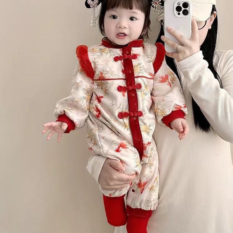 Baby clothes winter outfit unisex baby romper winter newborn short sleeve hanfu full month hundred days first birthday dress