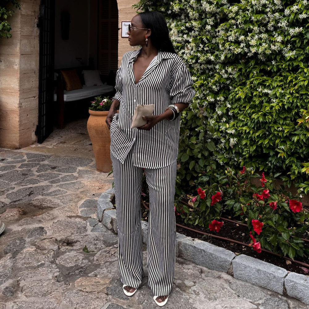 European and american cross-border african women's clothing  summer new fashion striped loose long-sleeved shirt and high-waisted pants set