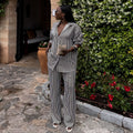European and american cross-border african women's clothing  summer new fashion striped loose long-sleeved shirt and high-waisted pants set