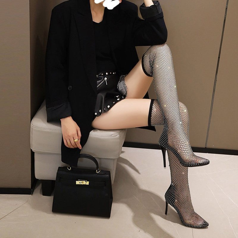 Women's cut out over-the-knee boots popular style blingbling rhinestone stiletto heel fishnet boots fashionins high heels