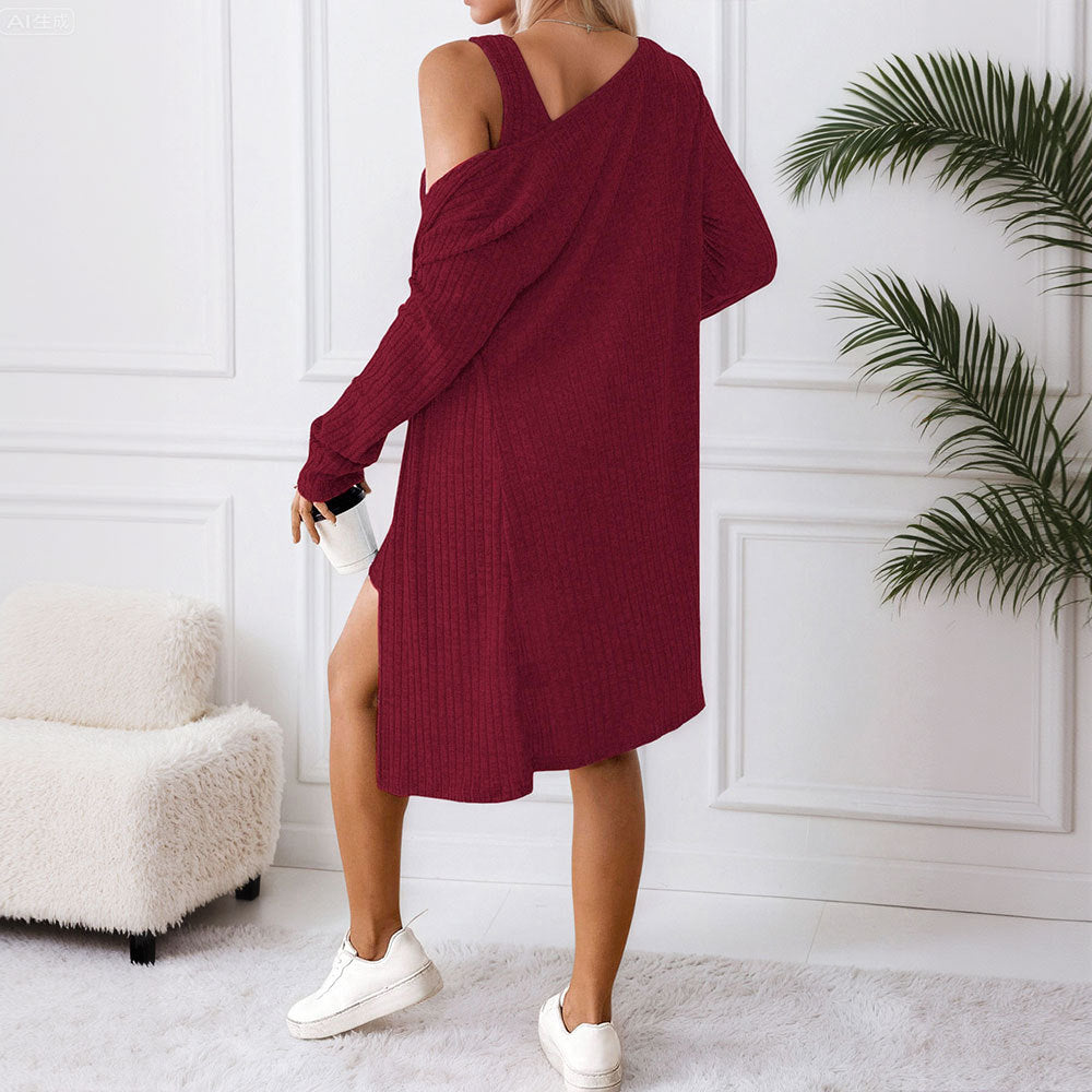 Cross-border TK explosive casual women's two-piece set, button black adjustment long-sleeved off-the-shoulder autumn home cardigan