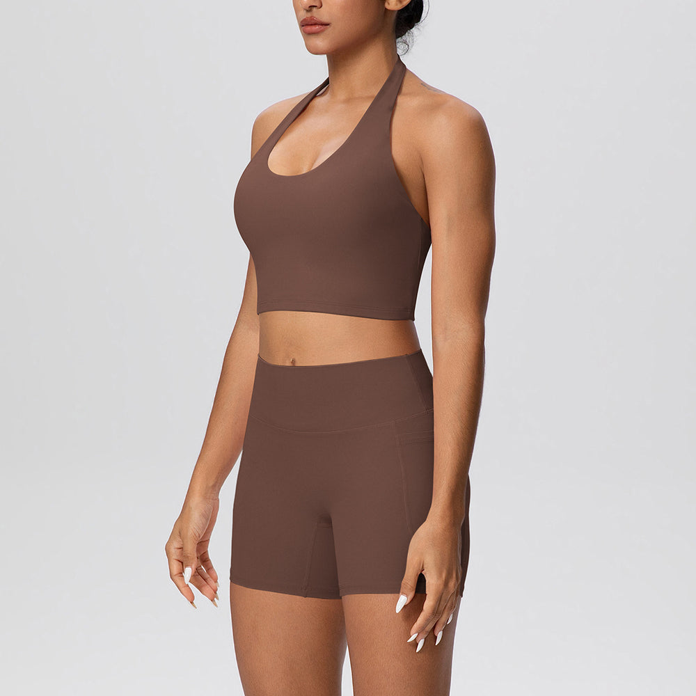 New women's solid color brushed halter tank top and pocket shorts yoga set - two-piece activewear workout outfit