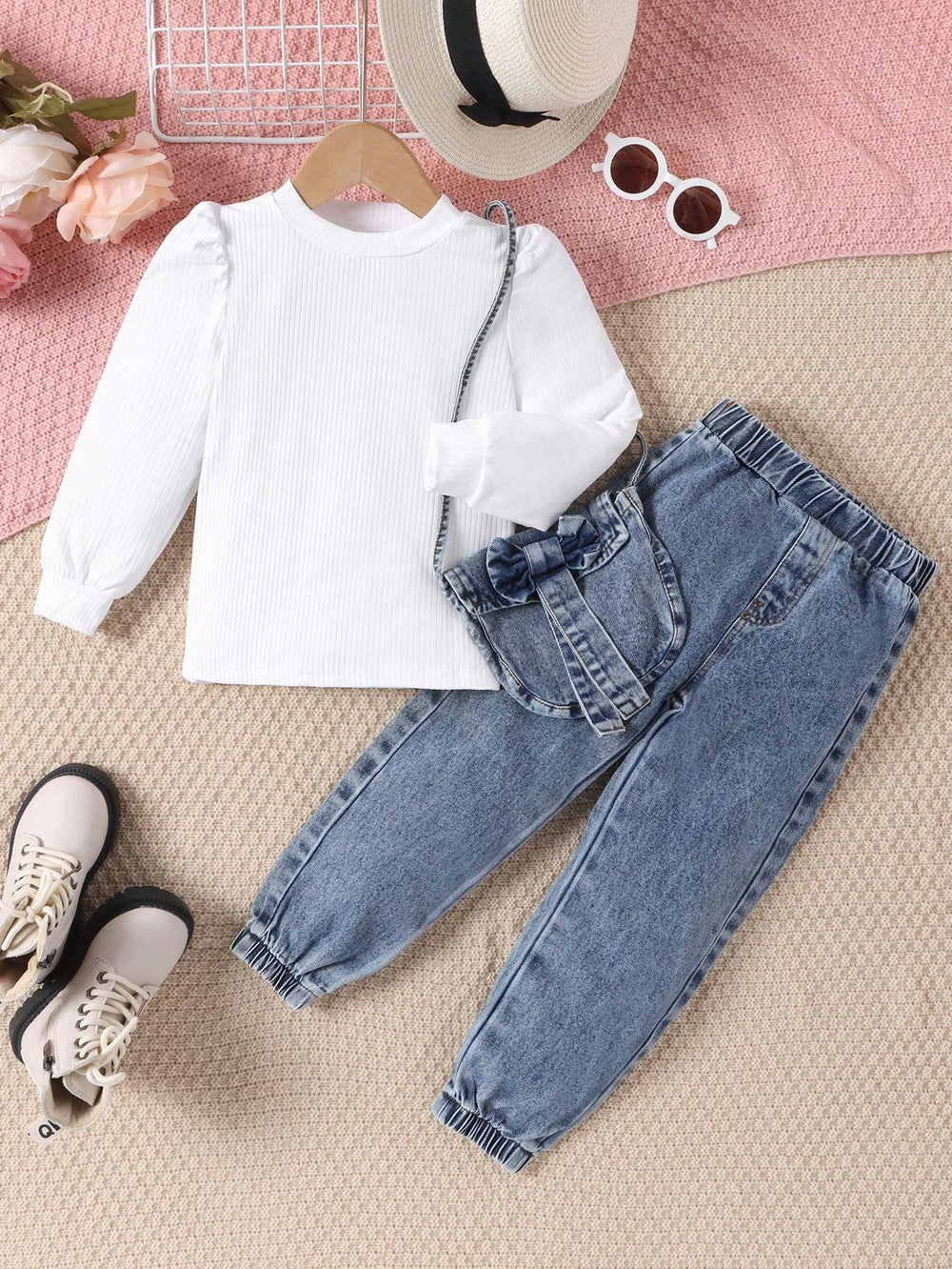Girls'  autumn/winter new arrival:  bestselling long-sleeve outfit - denim pants + adorable fashion denim bag