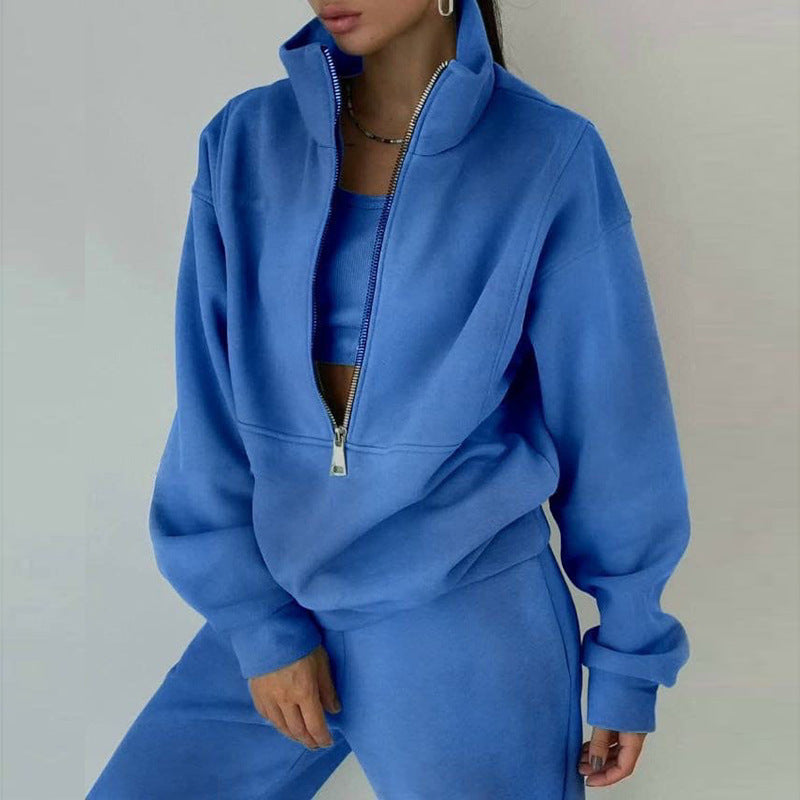 cross-border e-commerce european and american women's clothing: new summer collection - fashionable casual fleece-lined sporty zip-up hoodie set