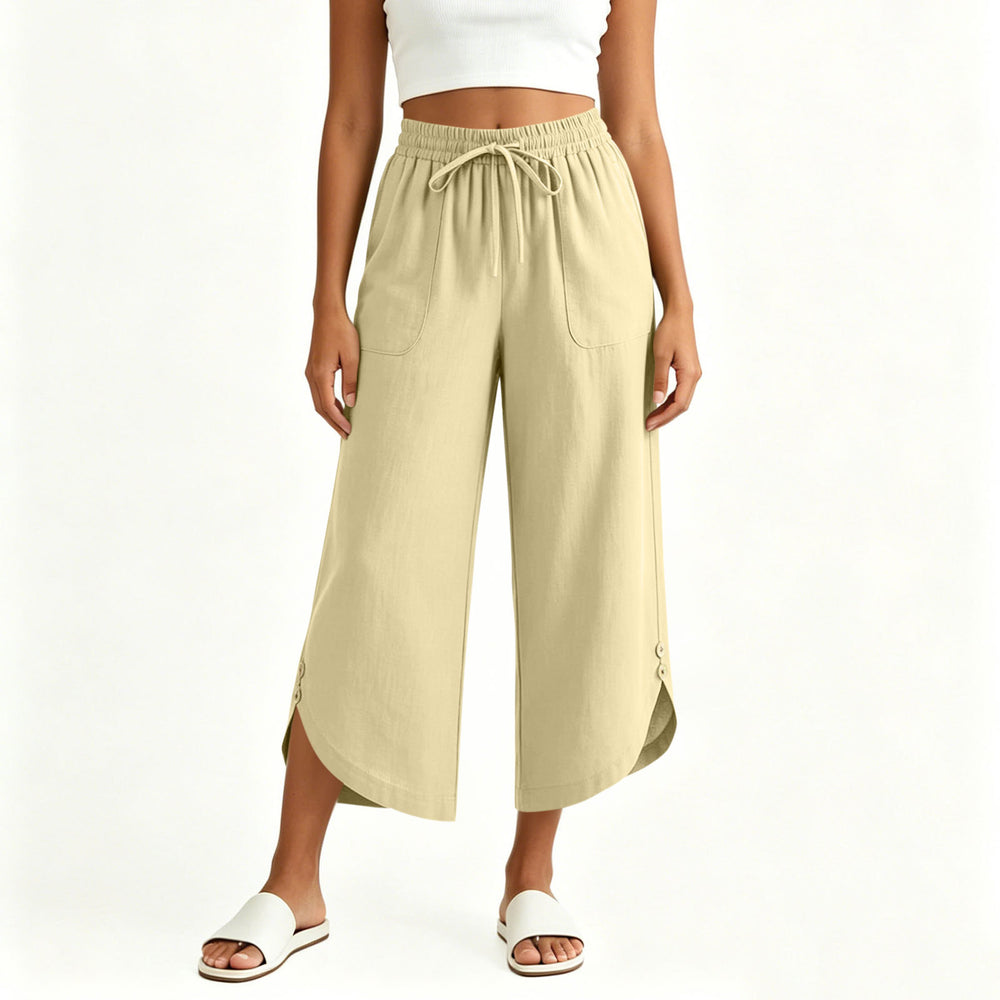 cross-border  women's summer lightweight solid color elastic waist drawstring pocket side button casual capri pants