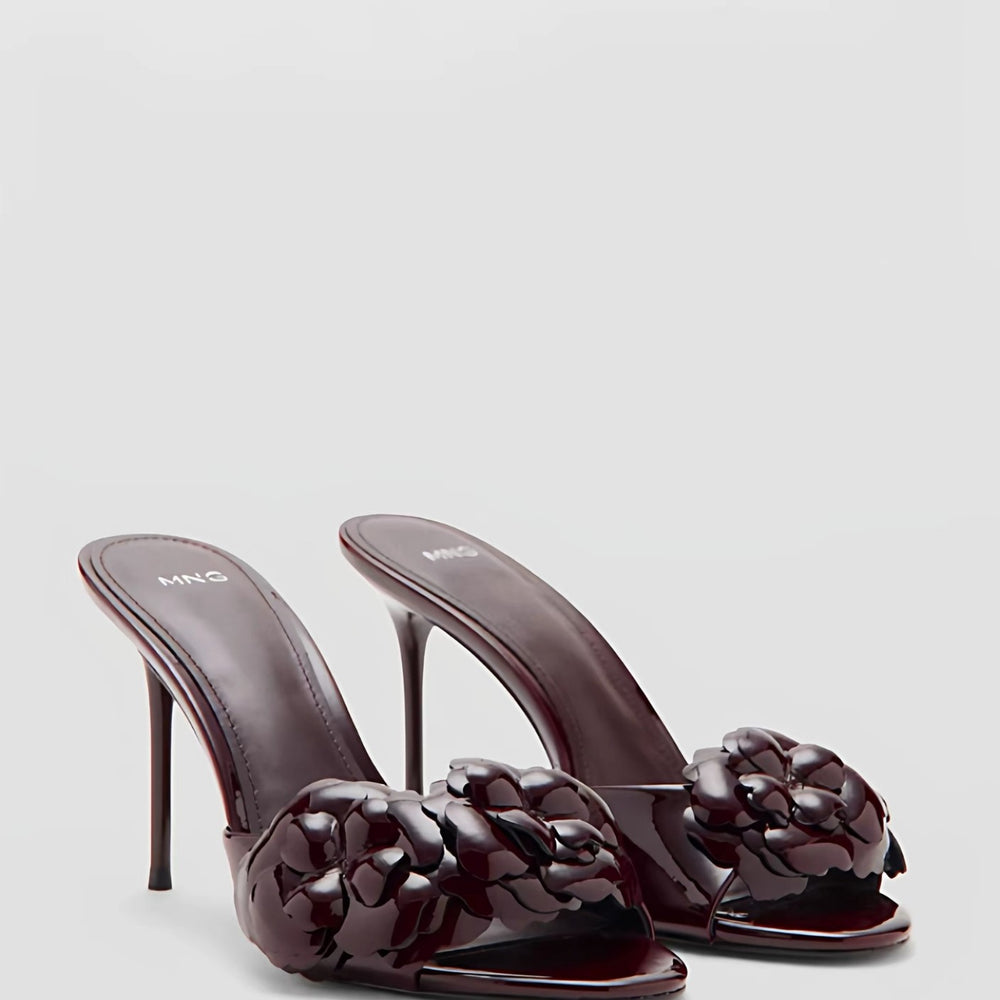 Mng mango women's chocolate brown patent leather heeled sandals with floral detail