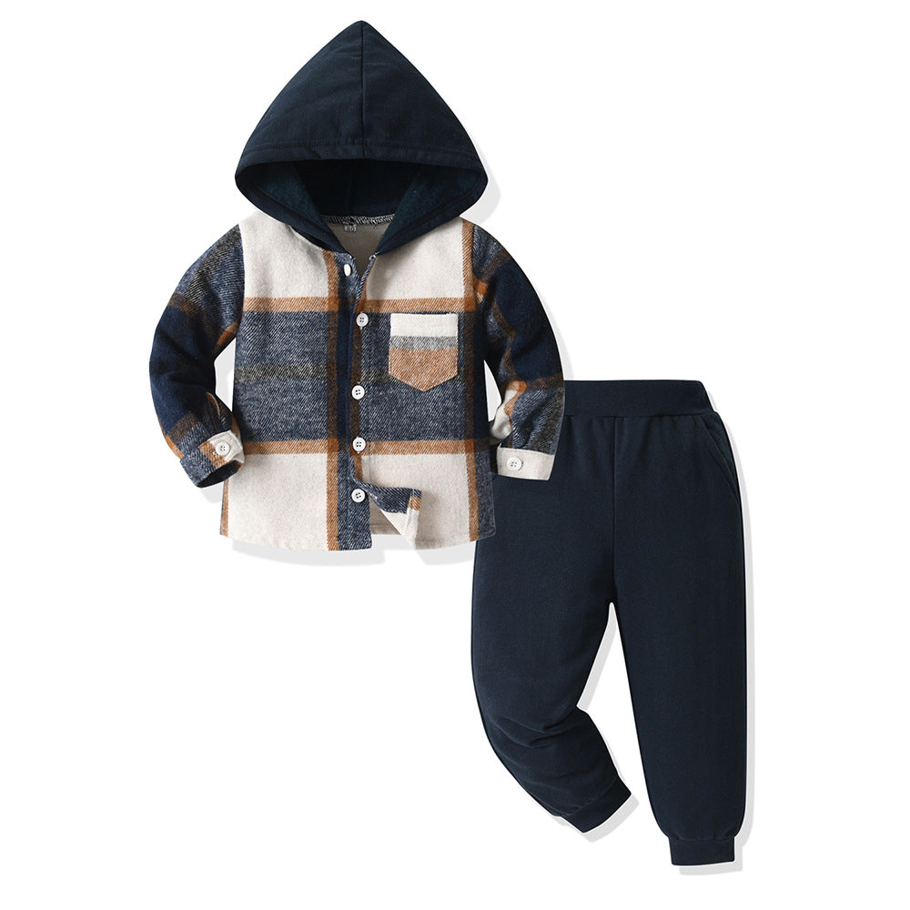 New arrival cross-border children's plaidshirtlong sleeves hoodie cotton boys spring suit boys spring children's clothing