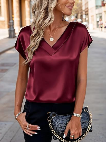 Women's satin t-shirt - spring/summer new arrivals -  us & european style - solid color business v-neck casual pullover top