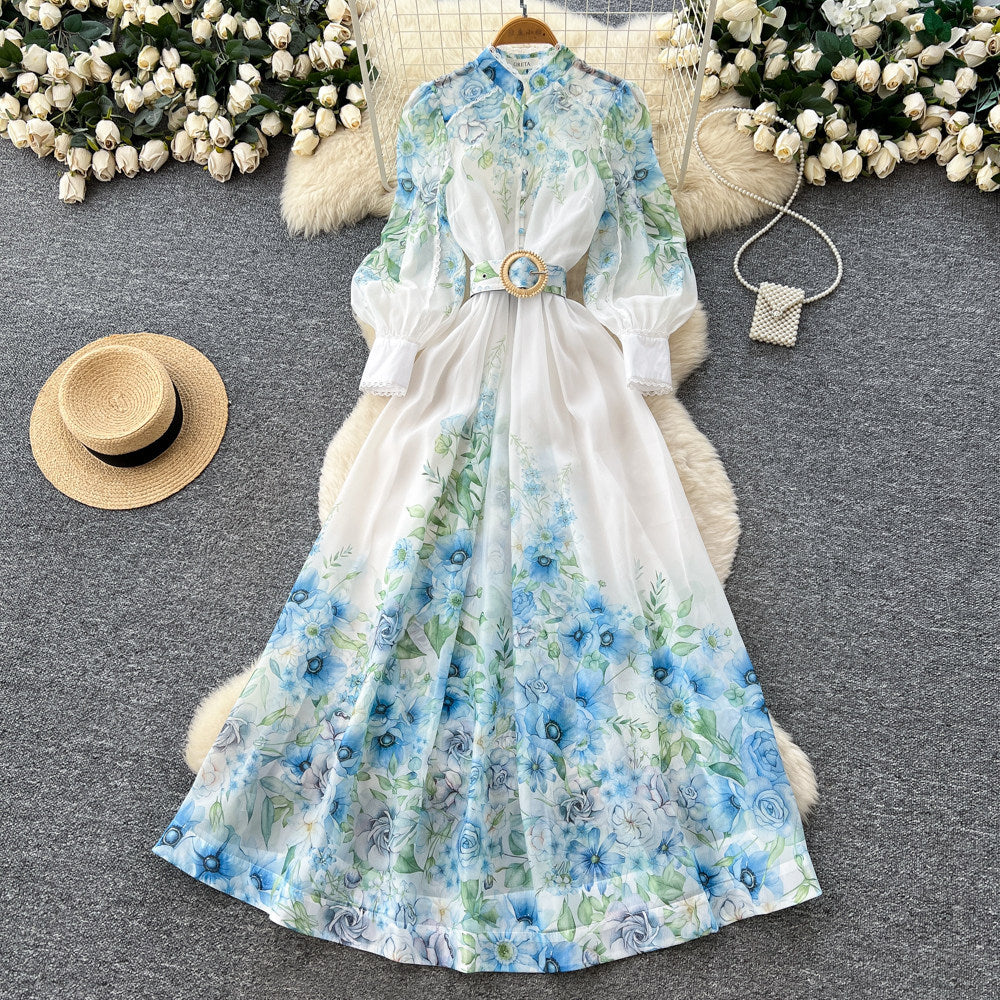 Vacation-style floral print slim-fit dress for women, perfect for spring. long-sleeved, high-waisted, and a-line silhouette. ideal for both work and everyday elegance