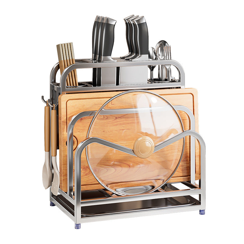 Stainless steel knife holder household pot lid rack cutting board rack thickened and thickened stainless steel wall hanging integrated storage shelf