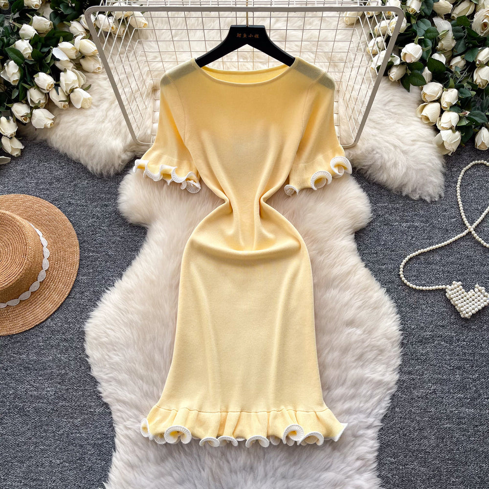 Korean style commute ruffle knit dress - women's  summer high-waisted slimming a-line dress - elegant and high-end