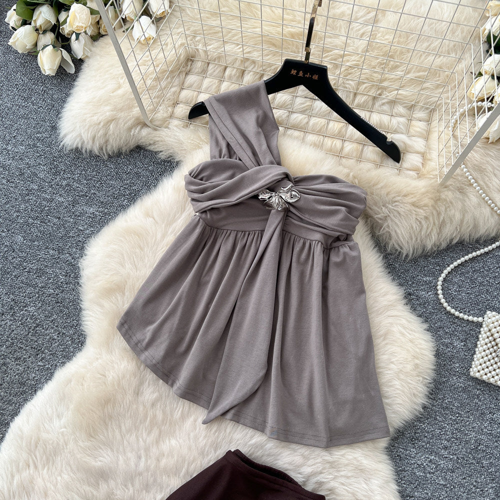 French chic halter neck one-shoulder sexy midi skirt two-piece set - women's summer slim-fit mesh fashionable elegant outfit