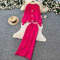 Lazy style metal buckle knittingcardigantopstwo-piece set women's autumclassy sense silm hip skirt suit