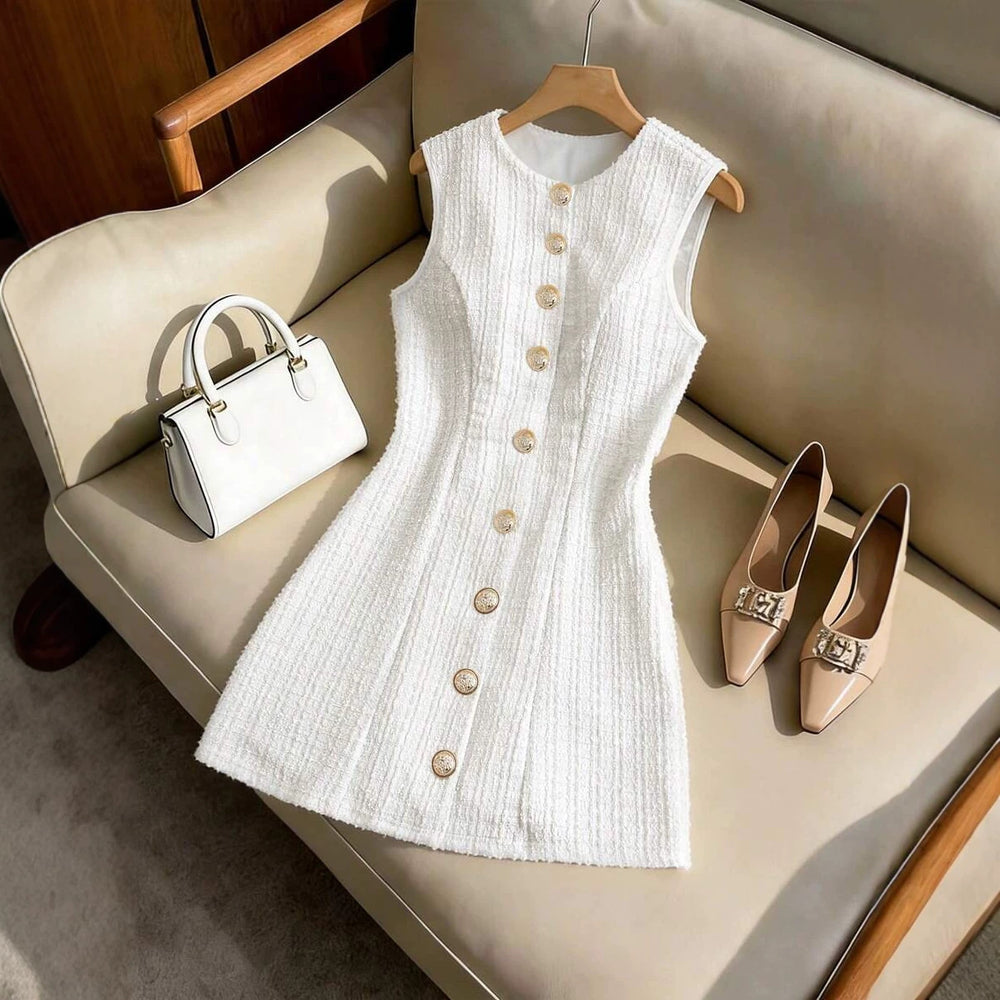 european and american cross-border new arrival: fitted, round neck, sleeveless knitted mini dress with a chanel-inspired aesthetic
