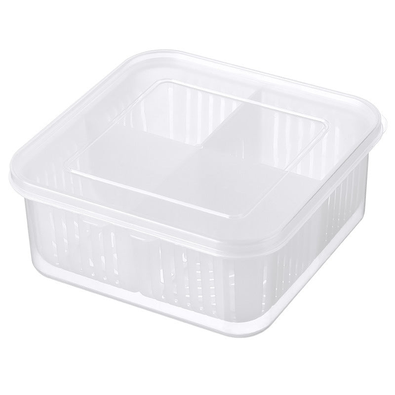Transparent four-compartment chopped green onion box with lid, kitchen double-layered compartment drain box, refrigerator refrigerated fresh food storage box